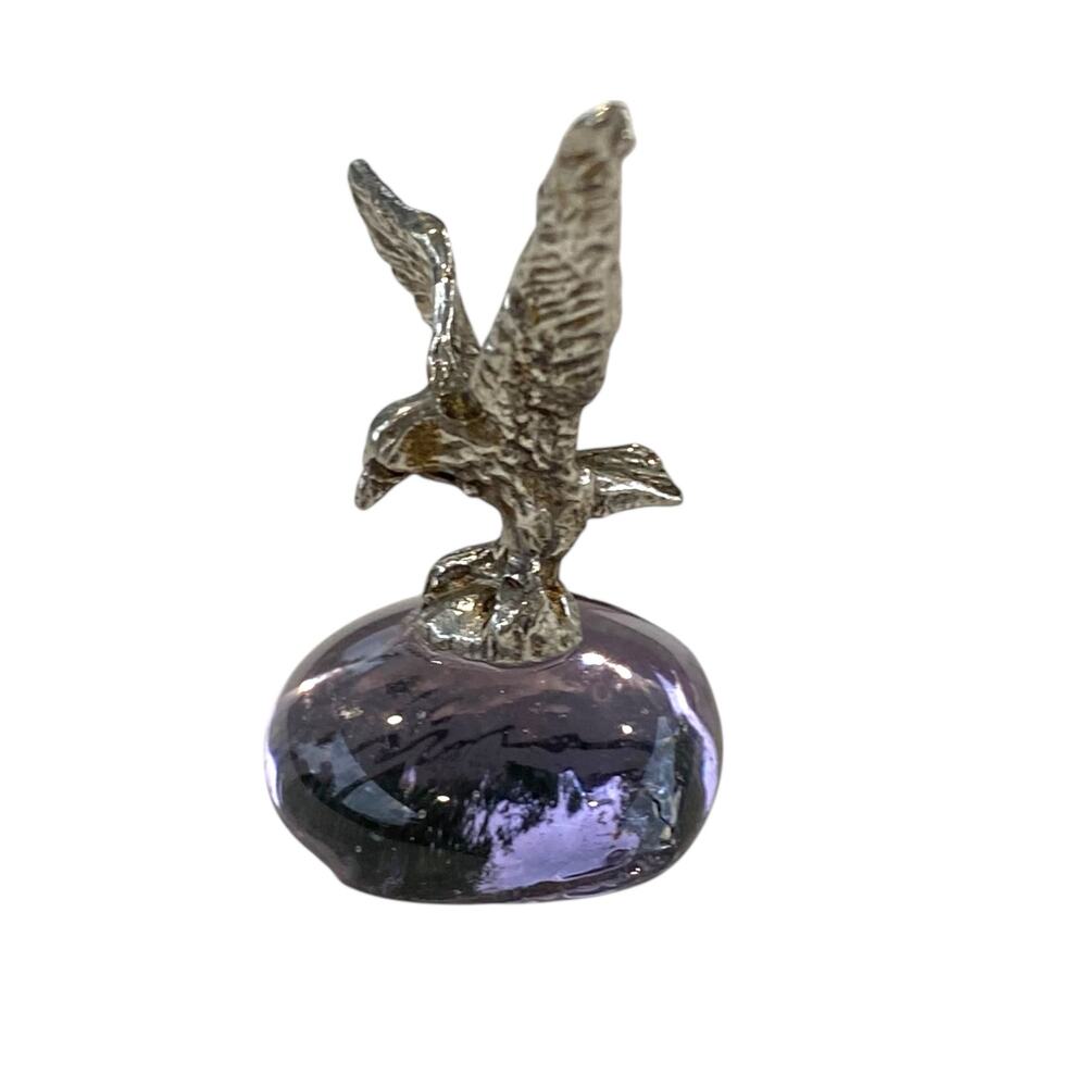 Tiny 1.25" Miniature Art of an American Bald Eagle standing on a purple pebble